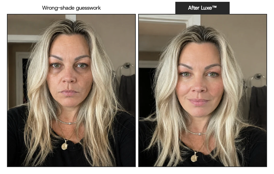 Before and after applying Luxe™ colour changing foundation